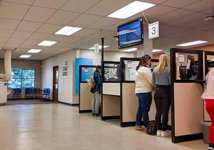 Inside a DMV office.